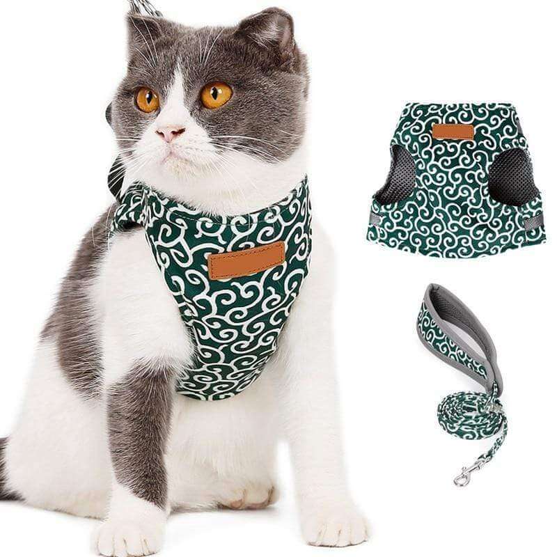 Cat mesh vest harness and leash set, teal with white swirl pattern, shown on cat and detached piece