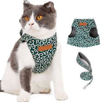 Cat mesh vest harness and leash set, teal with white swirl pattern, shown on cat and detached piece