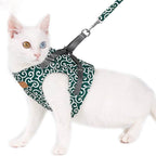 Cat vest harness with patterned blue-green fabric and leash, white cat standing