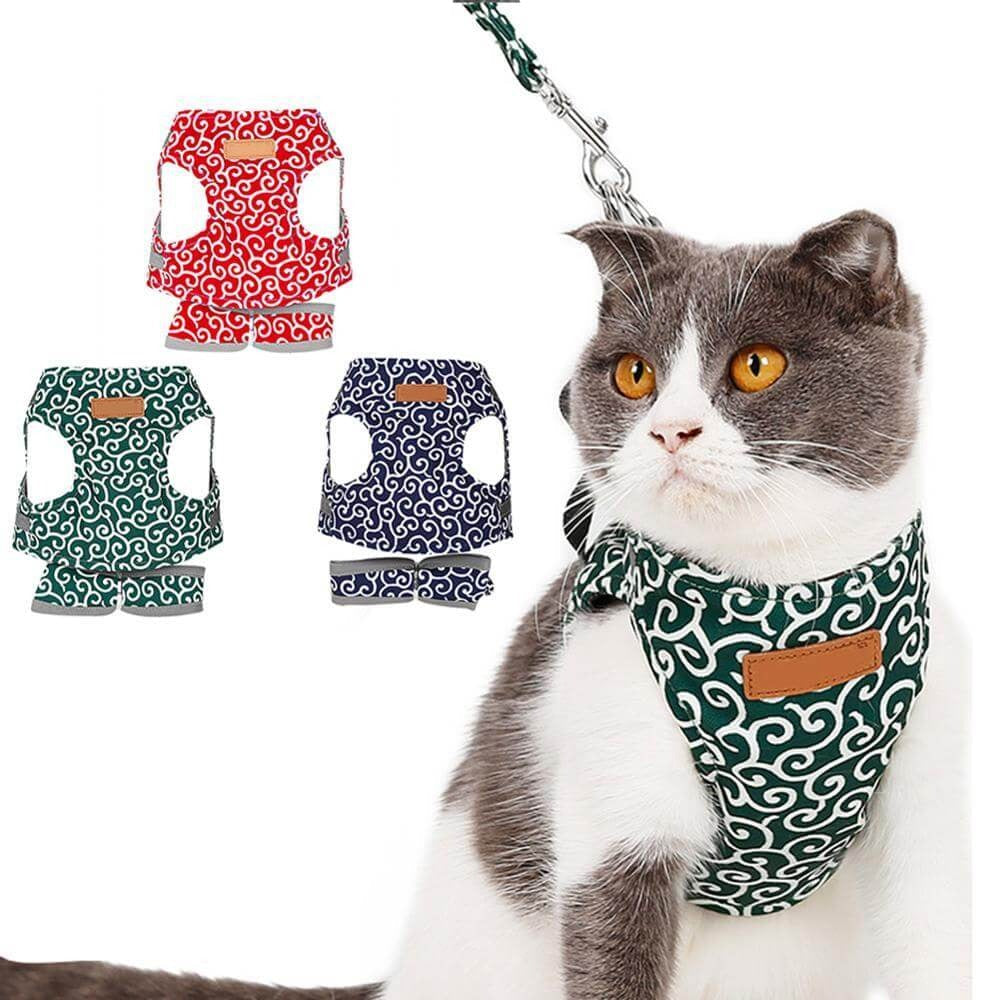 Cat vest harness with green patterned fabric and leash, plus red and blue styles
