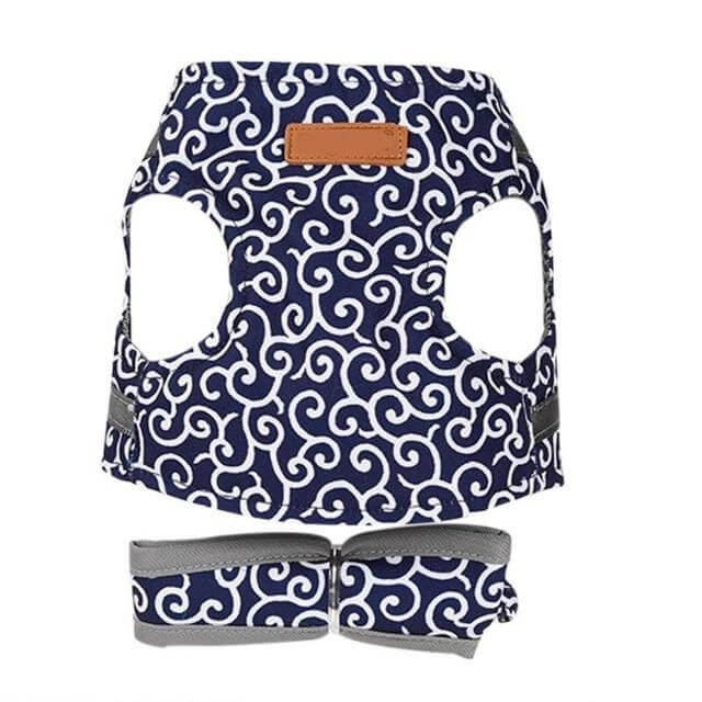 Blue patterned cat vest harness with gray straps and tan label patch
