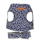 Blue patterned cat vest harness with gray straps and tan label patch