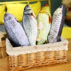 Plush cat fish toy pack in basket: gray, white, green, and blue fish