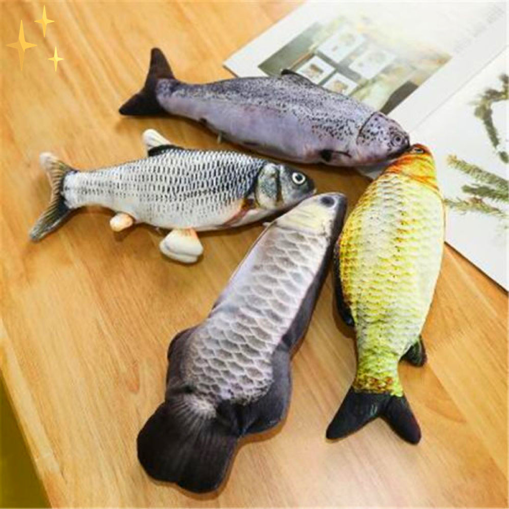 Plush cat fish toy set on floor: gray, black, yellow, and light fish