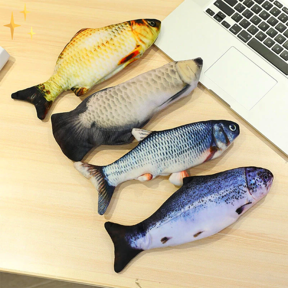 Set of 4 plush cat fish toys: orange, white, blue, and purple fish shapes