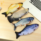 Set of 4 plush cat fish toys: orange, white, blue, and purple fish shapes