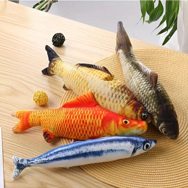Plush moving cat fish toy, orange and yellow with textured scales and fins