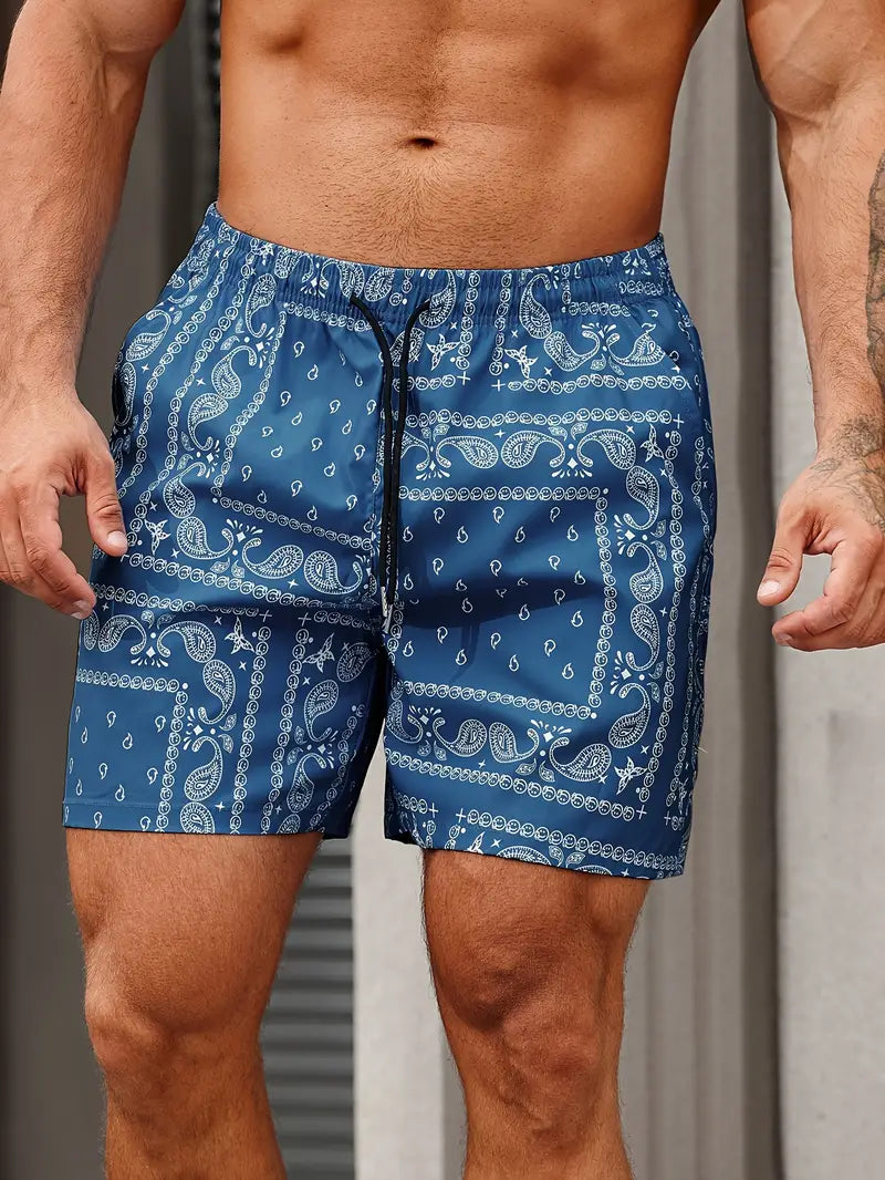 Cazaro | Bandana Shorts for Men - Printed Elastic Waist Drawstring Regular Summer Fit-Men's Shorts-Navy-S-Camoufit