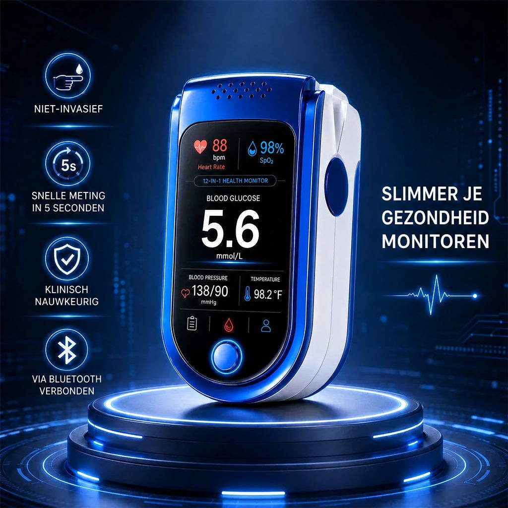 Blue glucose monitor on a glowing base with icons on the dark screen