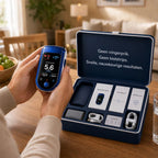 Blue handheld glucose monitor in use with open storage case and accessories inside