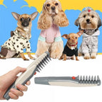 Handheld pet grooming trimmer with comb head held near small dogs