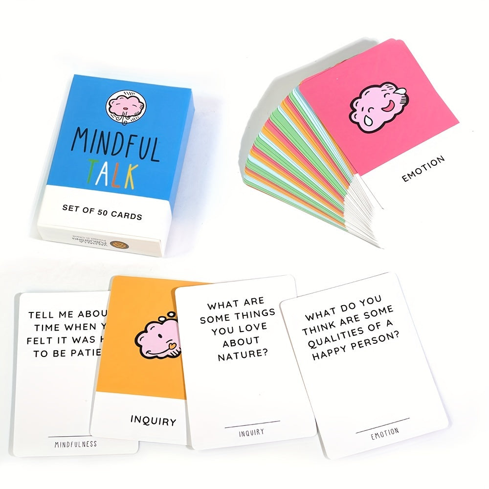 Mindful Talk cards with different category labels, shown face-up beside the box