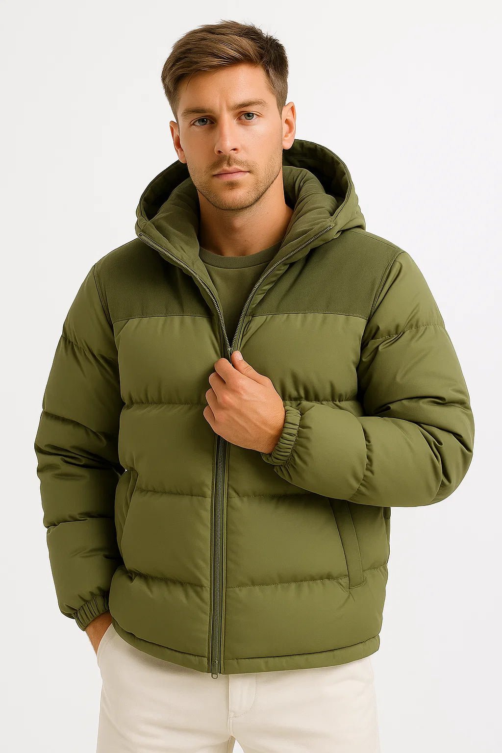 Olive green hooded winter puffer jacket, full-zip front and ribbed cuffs