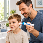 Electric ear wax remover with suction, blue-and-white nozzle near a child’s ear