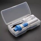 Ear wax remover kit with white tools and blue suction parts in a clear case