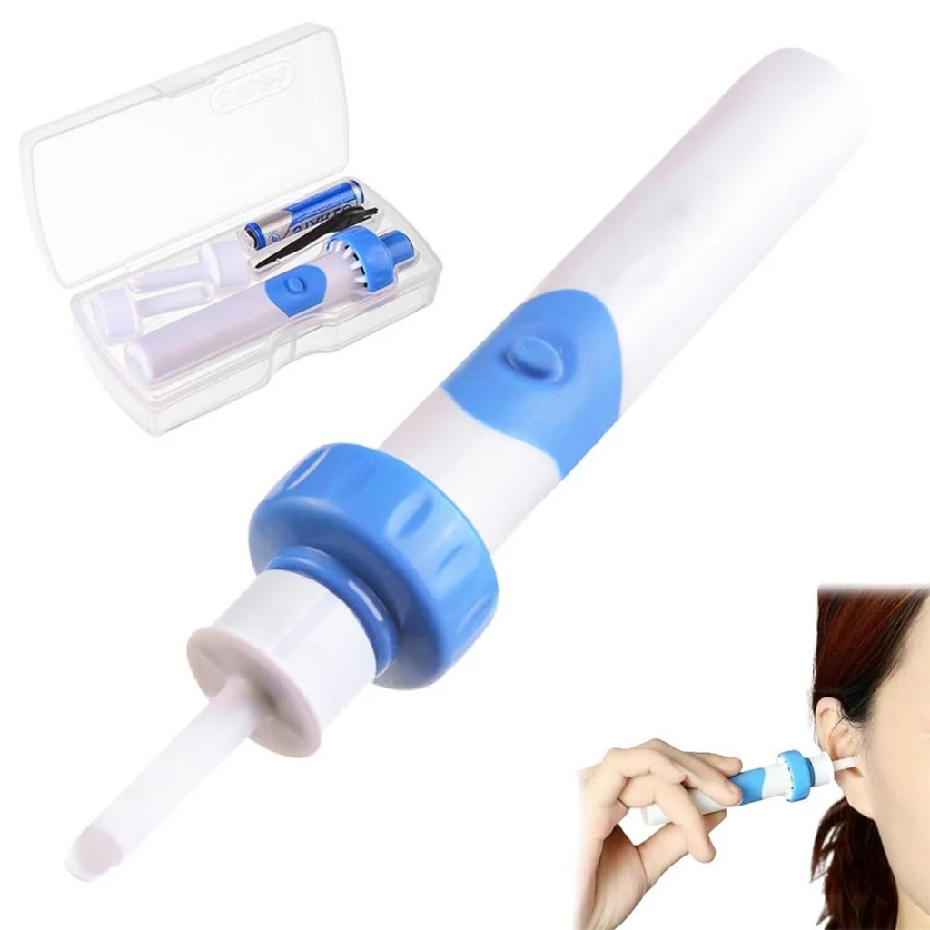 Reusable electric ear cleaner with long white wand and blue suction head, in case