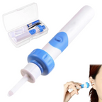 Reusable electric ear cleaner with long white wand and blue suction head, in case