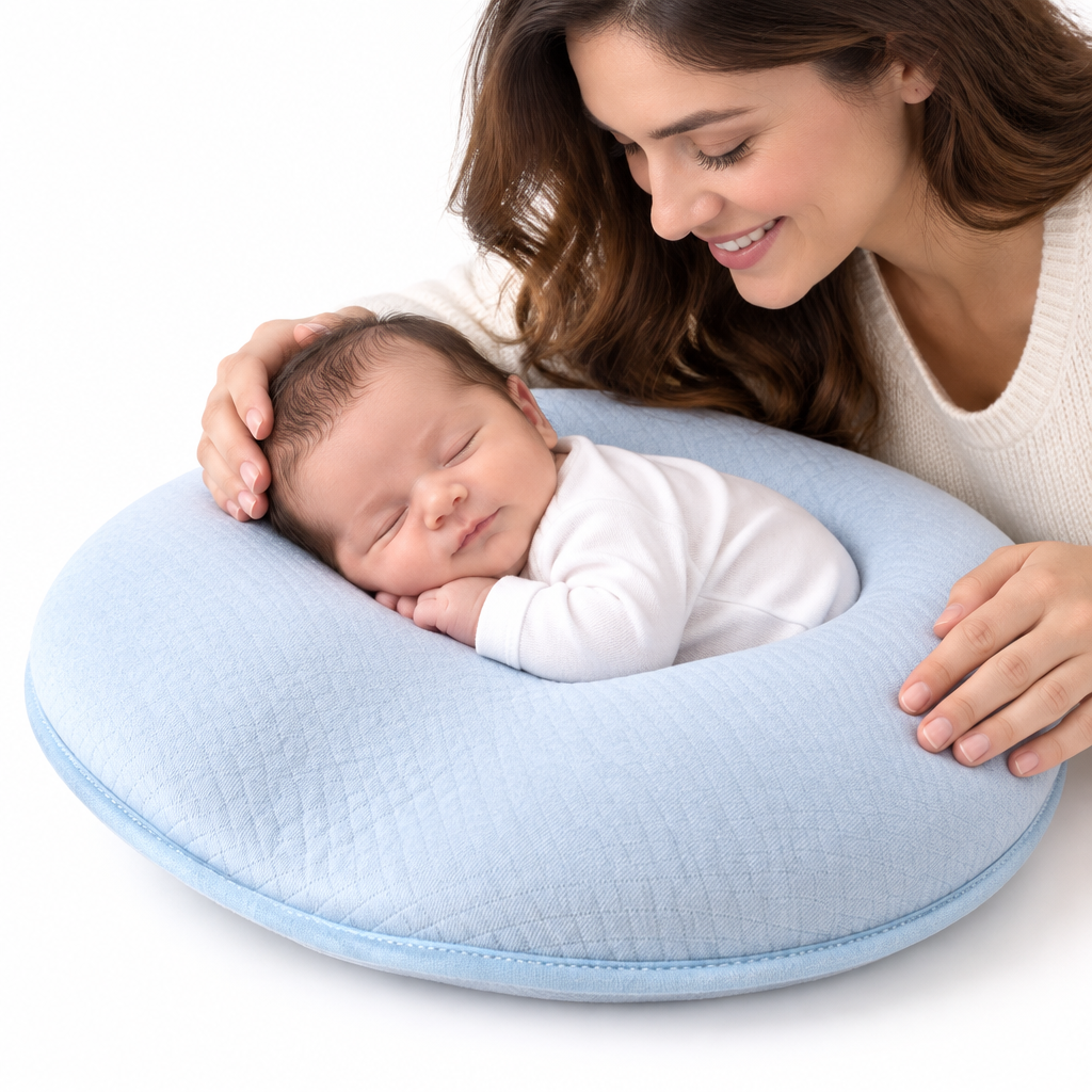 Baby resting on a light blue contoured head support pillow with oval face cutout