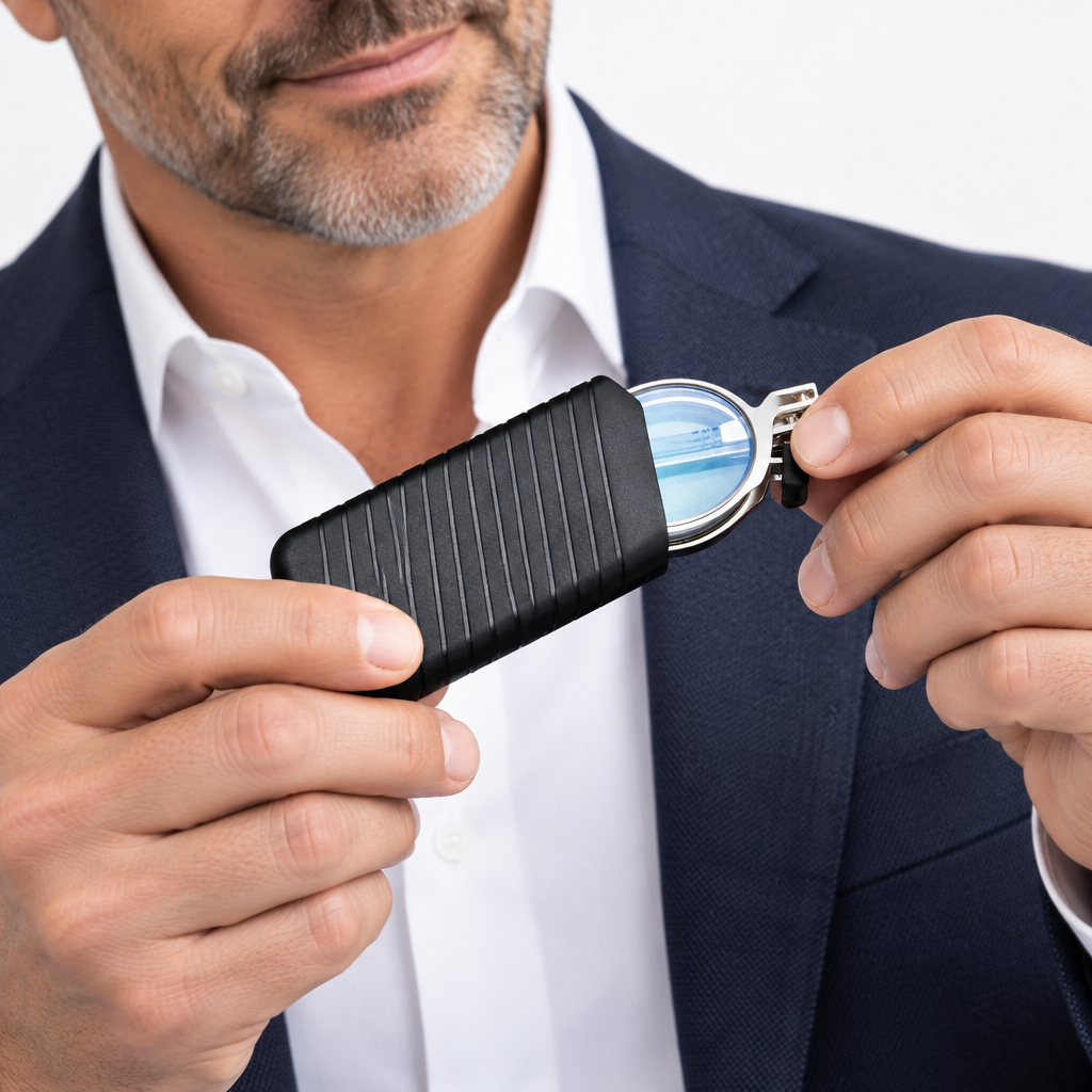 Round metal folding reading glasses being placed into the black ridged case