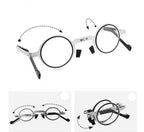 Round metal folding reading glasses with hinged arms shown in open and folded views
