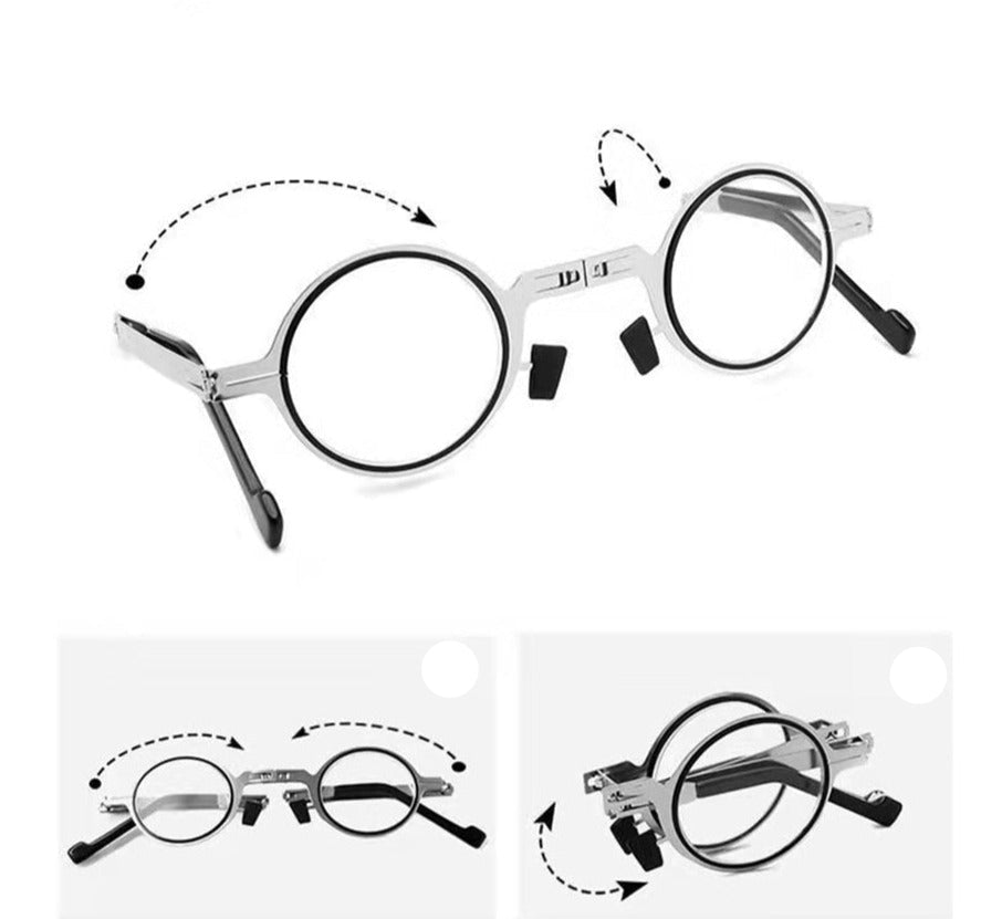 Round metal folding reading glasses with hinged arms shown in open and folded views