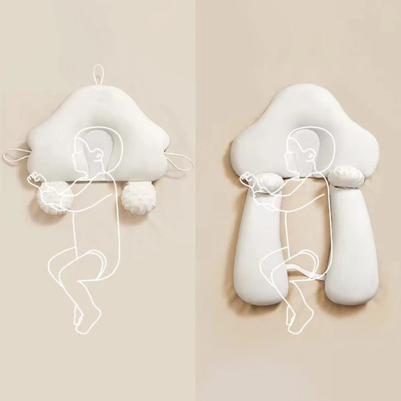 White ergonomic baby cushion with adjustable strap system shown