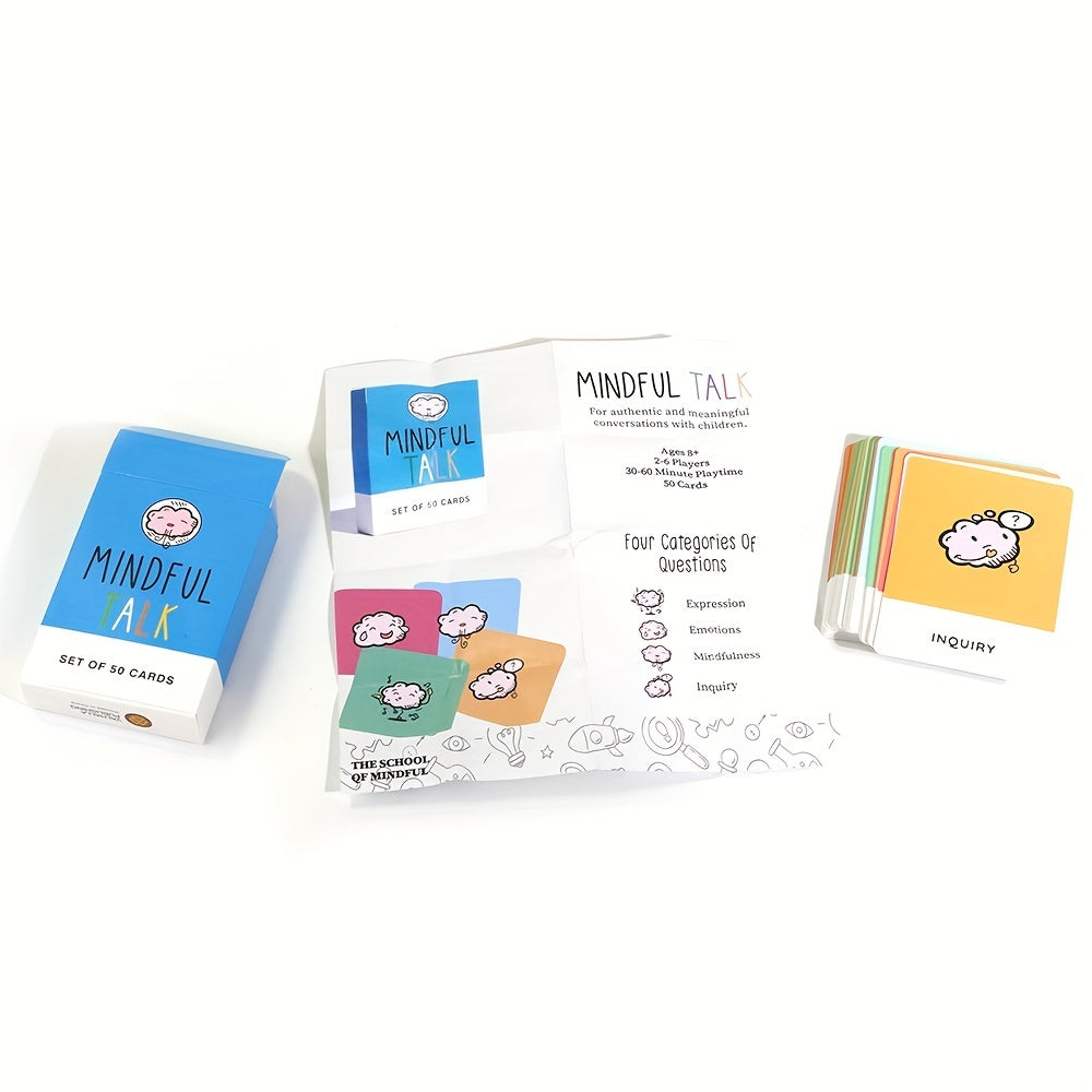 Mindful Talk card set with box, instruction sheet, and two card stacks