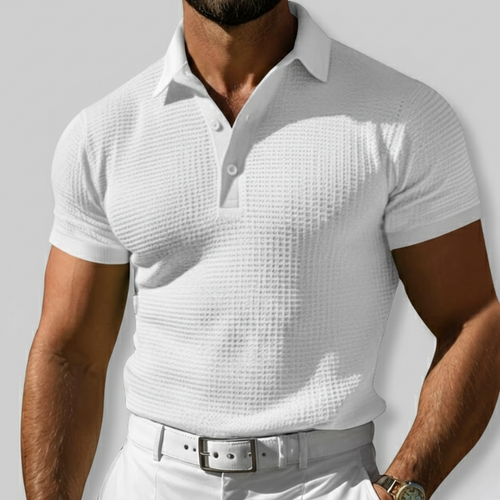Casaro | Knit Polo Shirt for Men - Waffle Textured Three Button Cotton Regular Summer Fit-Polo Shirt-White-S-Camoufit