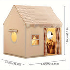 Kids play tent size diagram with gingham canopy and front window opening