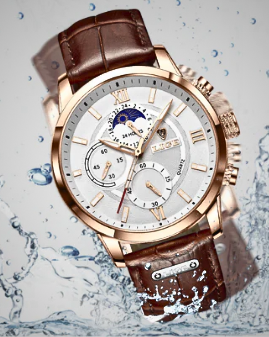 Alvero | Chronograph Watch for Men - Sun Moon Dial Brown Strap Waterproof Regular Fit-Men's Watches-Brown / White-Camoufit
