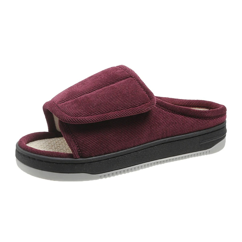 Burgundy wide open-toe house slipper with adjustable strap and cushioned insole