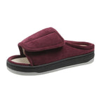 Burgundy wide open-toe house slipper with adjustable strap and cushioned insole