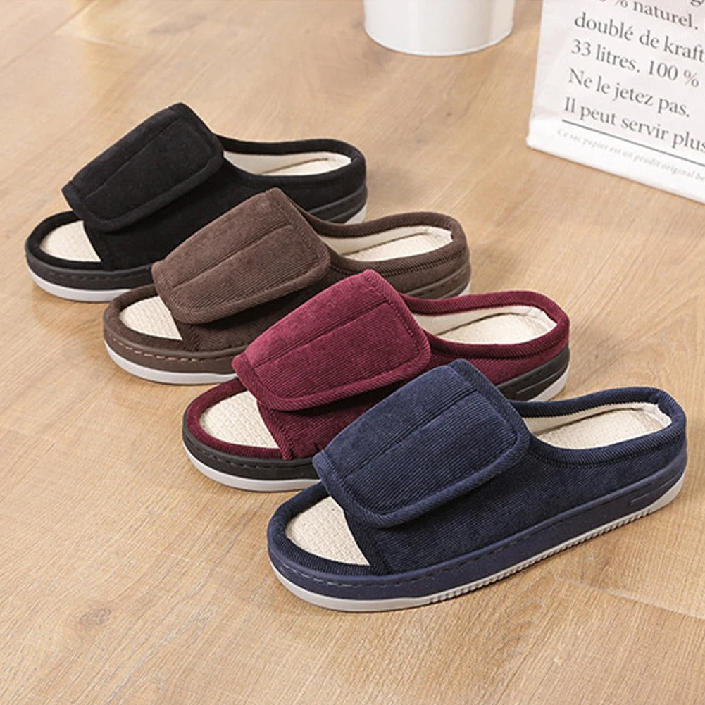 Open-toe wide slippers with adjustable strap, four-color set (black, brown, red, blue)