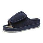 Navy wide open-toe house slipper with adjustable strap and textured footbed