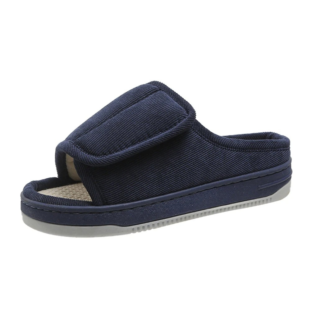 Navy wide open-toe house slipper with adjustable strap and textured footbed