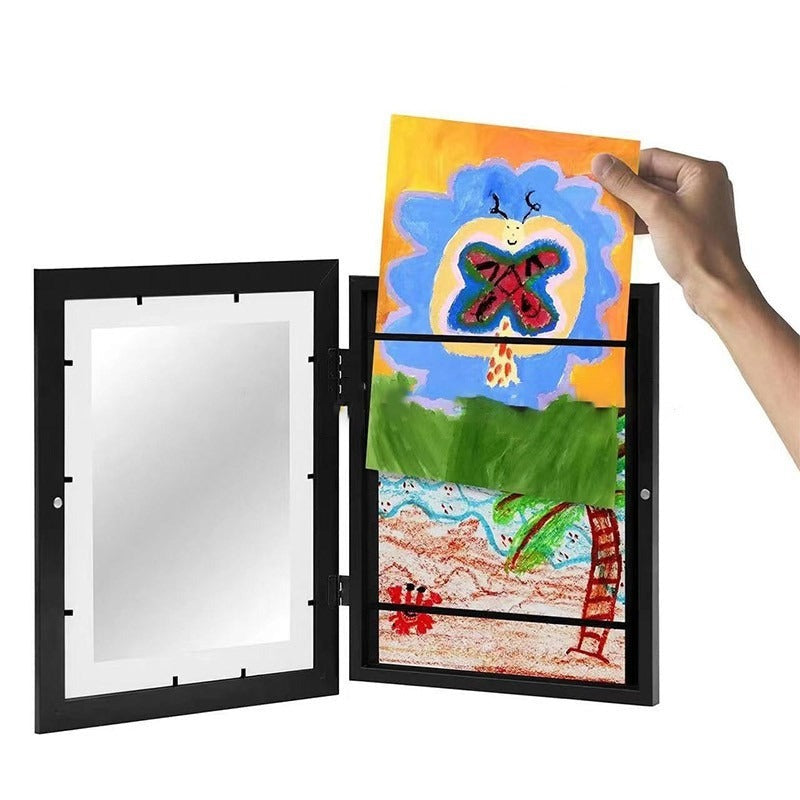 Kids magnetic art display frame, black wood, holding colorful kid drawings