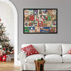 Framed Christmas advent jigsaw puzzle art hanging above a white sofa with pillows