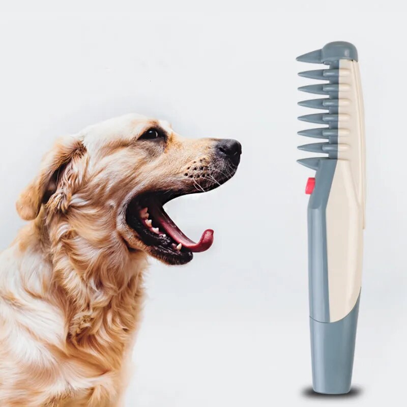 Dog grooming trimmer held near tan dog, cream comb head and blue handle