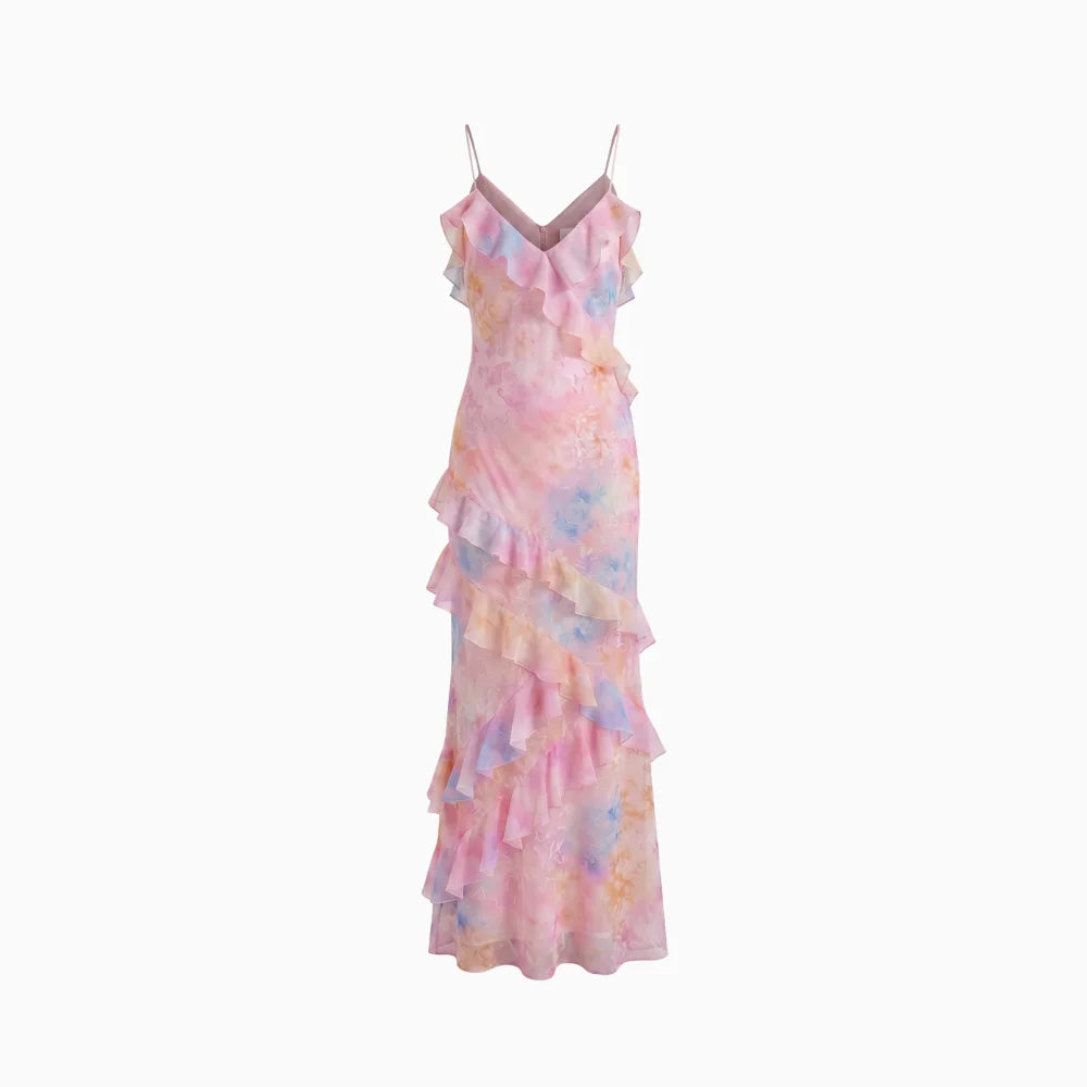 Roséa | Women's Ruffle Maxi Dress – Open Back Flowy Elegant Fit-Summer Dress-Pink-S-