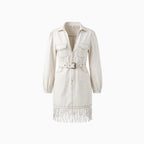 Aloura | Denim Mini Dress for Women – Tassel Spliced Relaxed Fit-Dresses-Cream-S-Camoufit