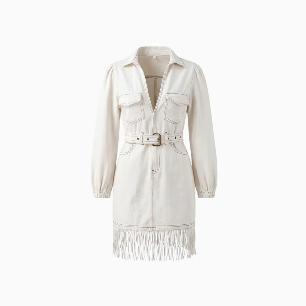 Aloura | Denim Mini Dress for Women – Tassel Spliced Relaxed Fit-Dresses-Cream-S-Camoufit