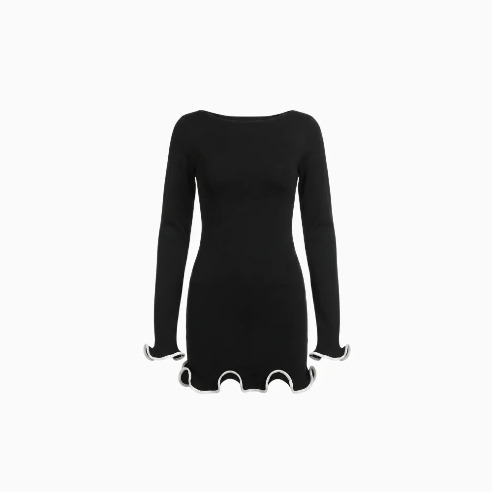 Elysia | Women's Ruffle Mini Dress – Long Sleeve Bodycon Elegant Fit-Dresses-Black-XS-