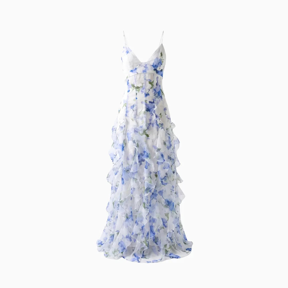 Fioré | Women's Floral Ruffle Maxi Dress – Corset Flowy Elegant Fit-Summer Dress-White-S-