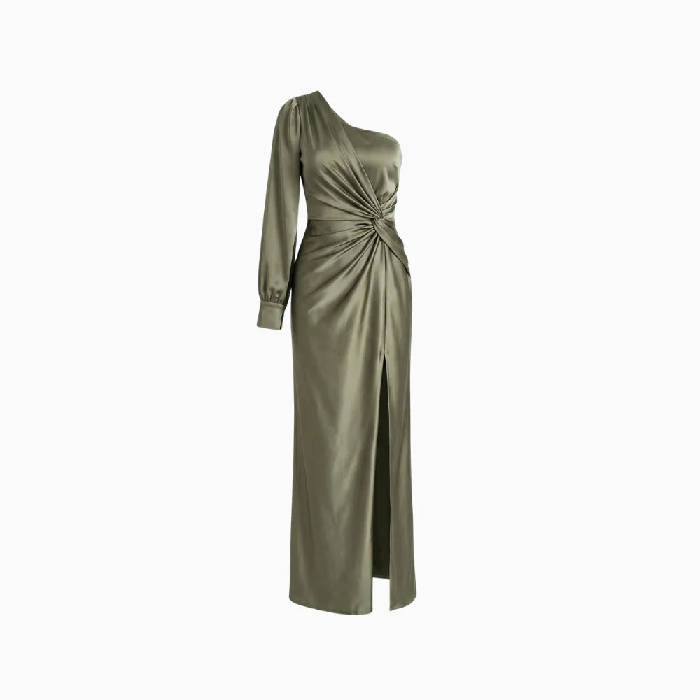 Auraya | Women's Satin Maxi Dress – One Shoulder Evening Elegant Fit-Evening Dress-Green-S-