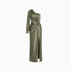 Auraya | Women's Satin Maxi Dress – One Shoulder Evening Elegant Fit-Evening Dress-Green-S-