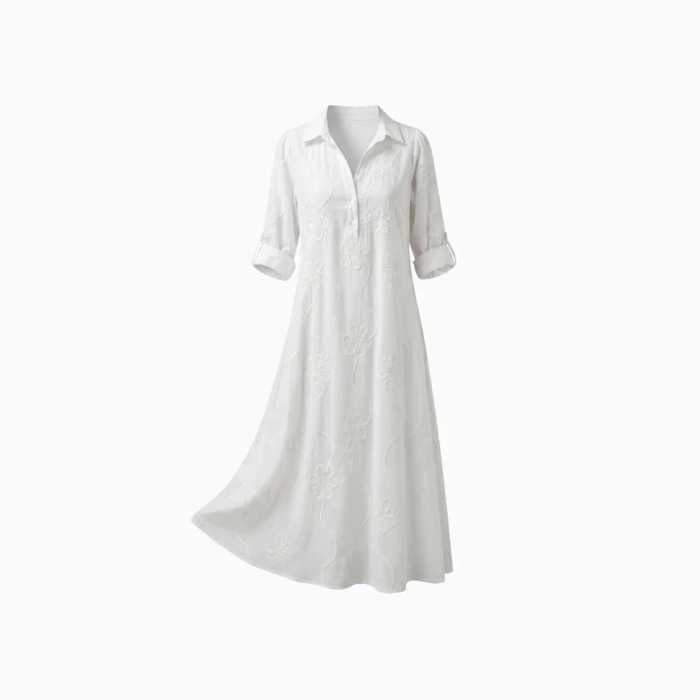 Sephira | Women's Retro Shift Dress - Ruffle Collar & Sleek Fit-Midi Dresses-White-S-