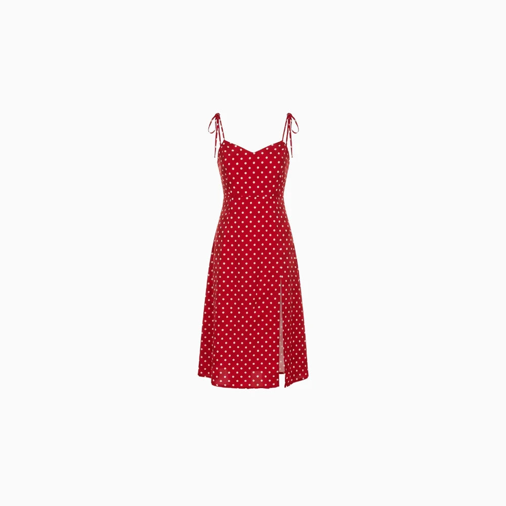 Rosélune | Polka Dot Midi Dress for Women – Sweetheart Neck Slim Fit-Dresses-Red-S-Camoufit