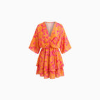 Women's Floral Mini Dress – Twist Front Ruffle Summer Fit-Dresses-Orange-S-