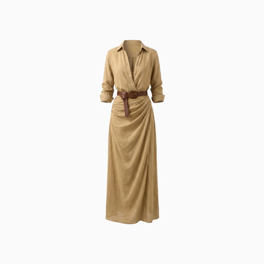 Vionelle | Wrap Dress for Women – Lapel Neck Tie Waist Elegant Fit-Dresses-Khaki-XS-Camoufit