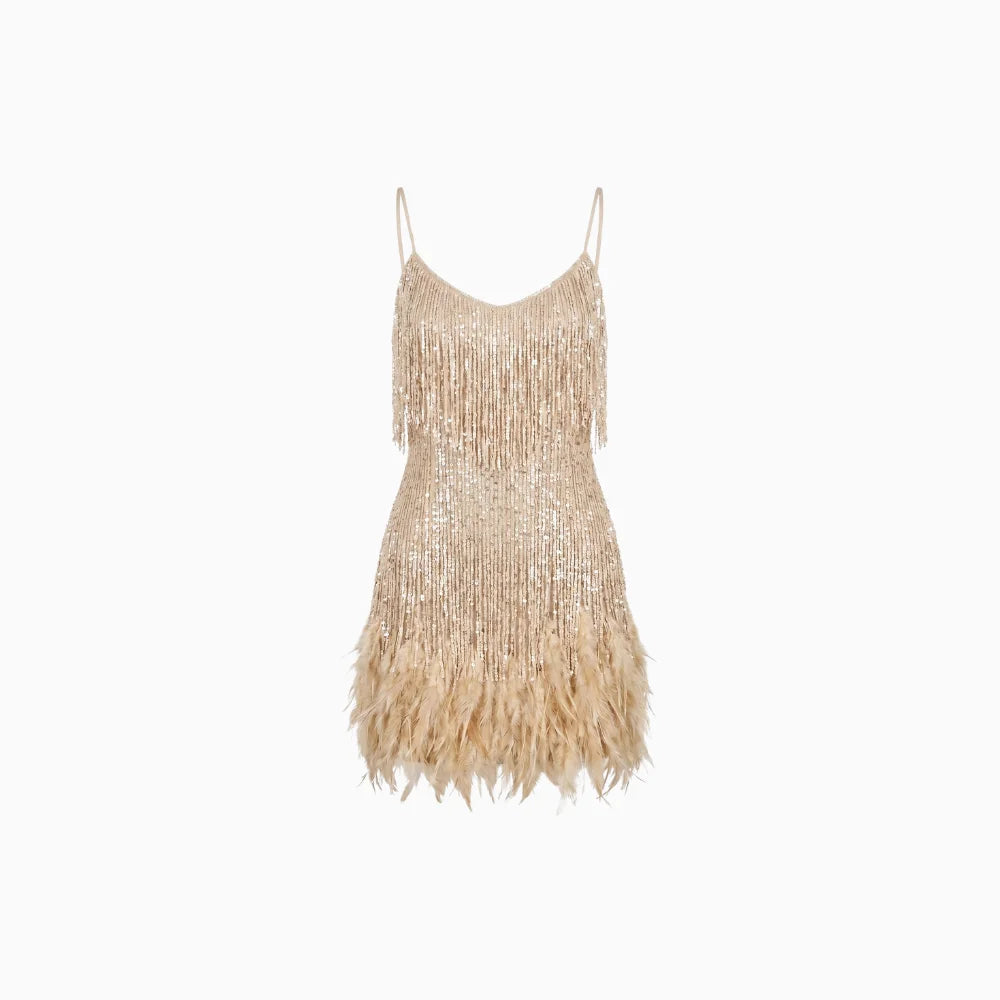 Women's Feather Mini Dress – Glimmer Party Evening Fit-Mini Dress-Gold-S-